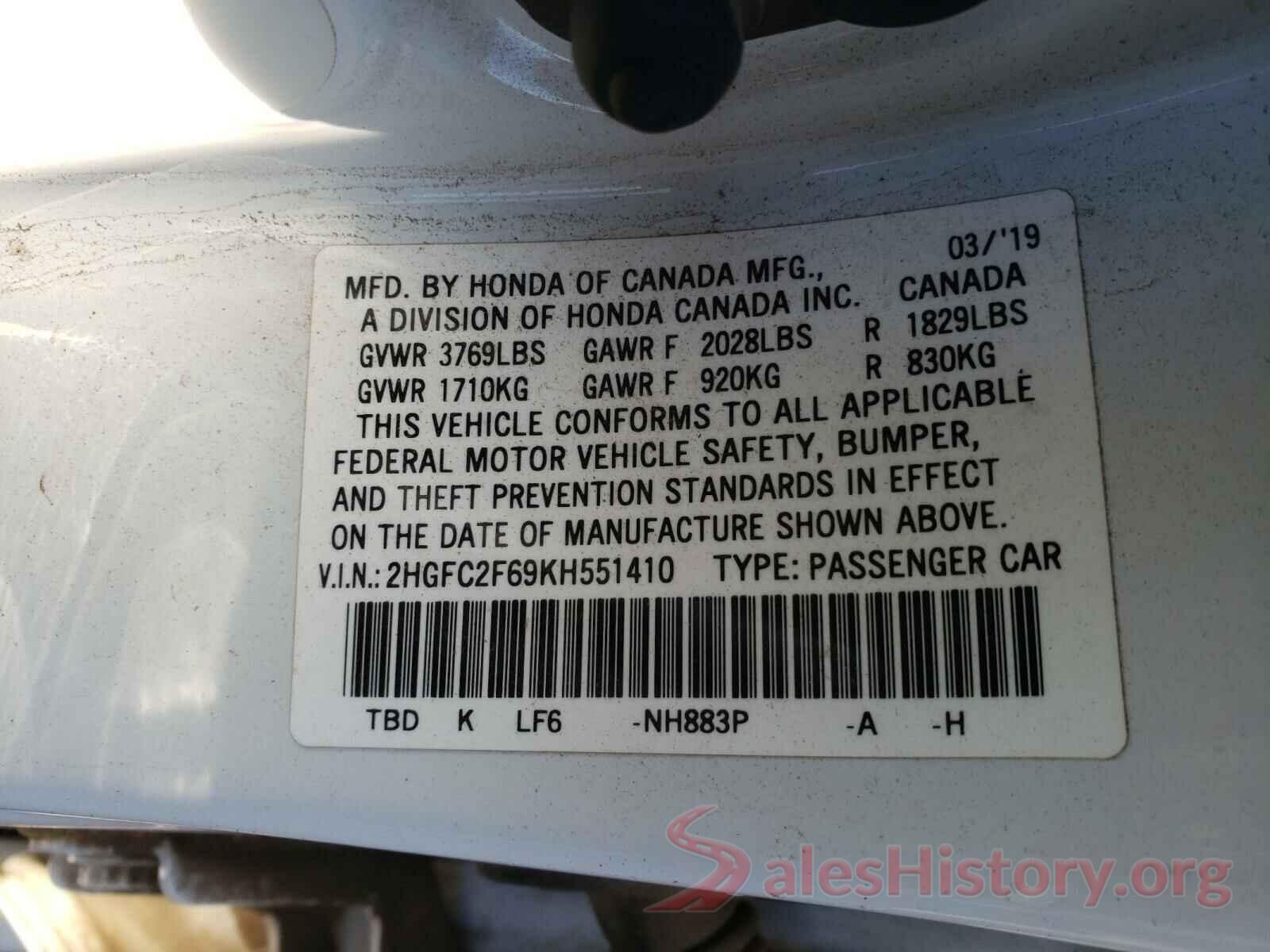 2HGFC2F69KH551410 2019 HONDA CIVIC