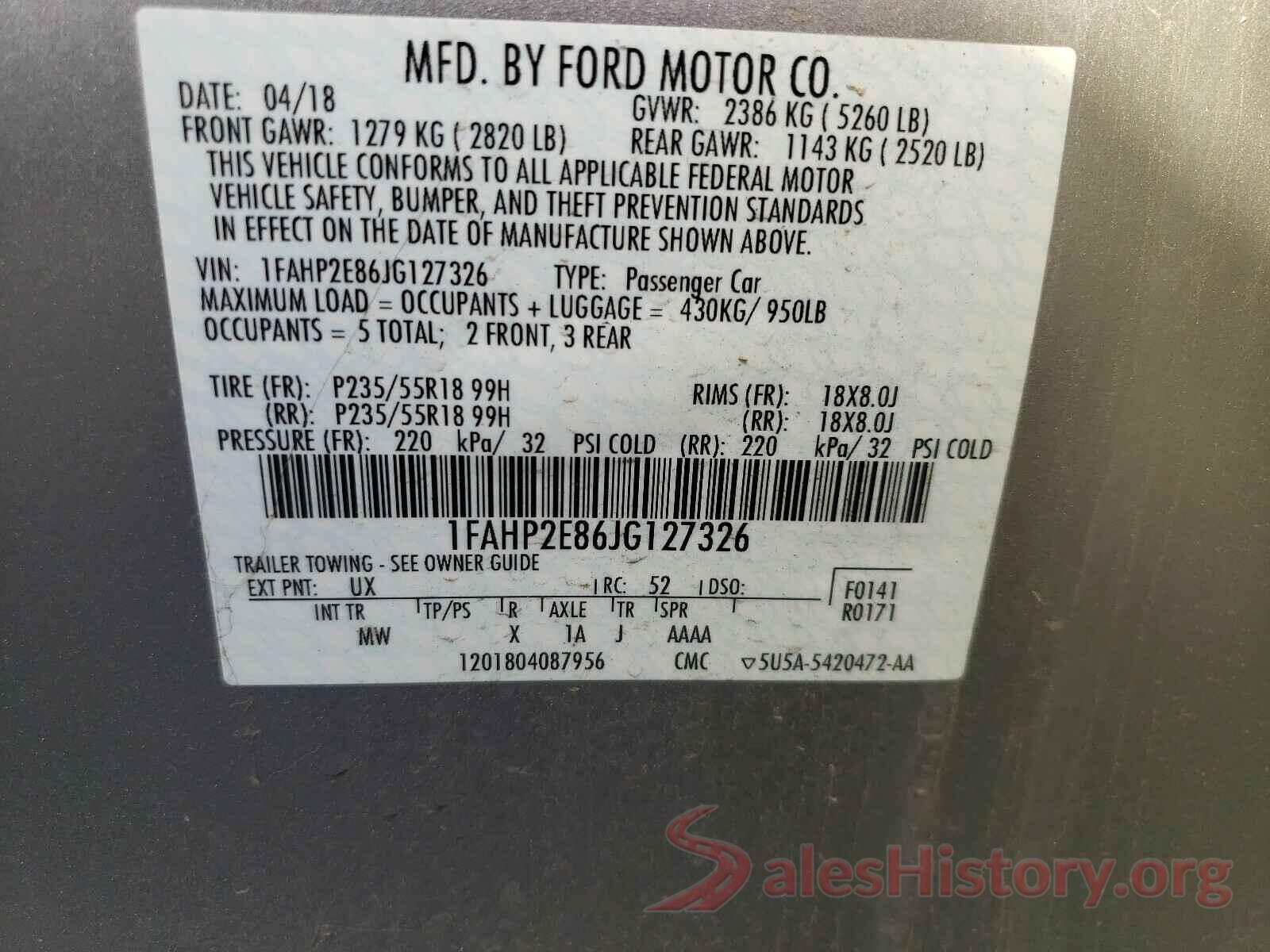 1FAHP2E86JG127326 2018 FORD TAURUS