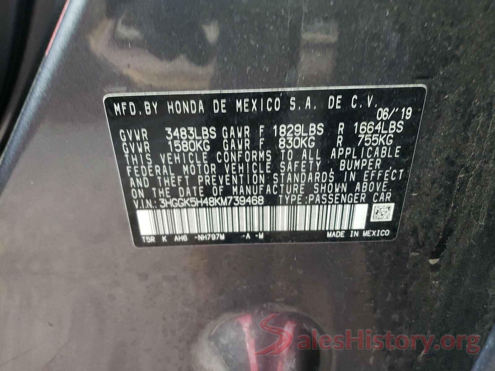 3HGGK5H48KM739468 2019 HONDA FIT