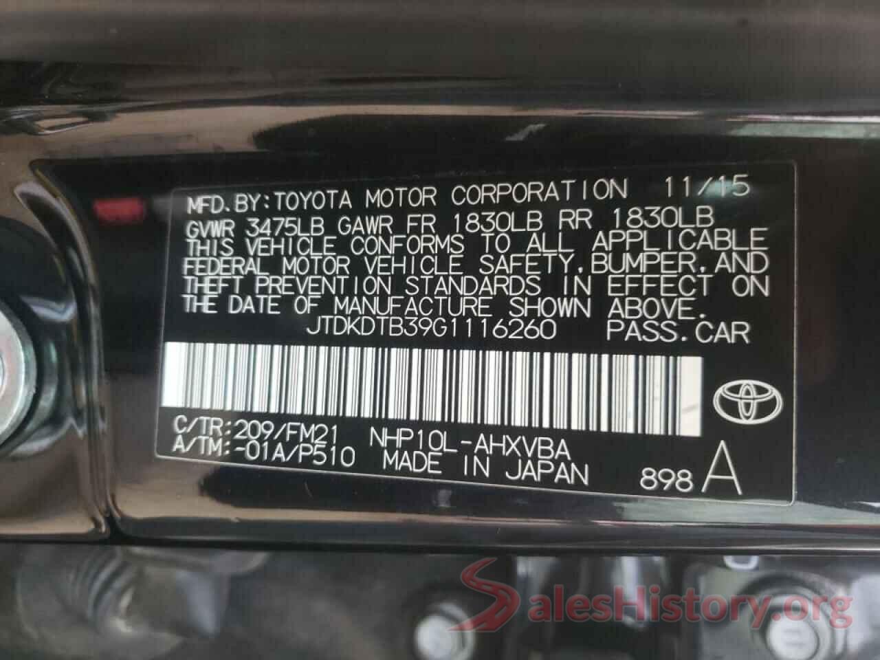 JTDKDTB39G1116260 2016 TOYOTA PRIUS