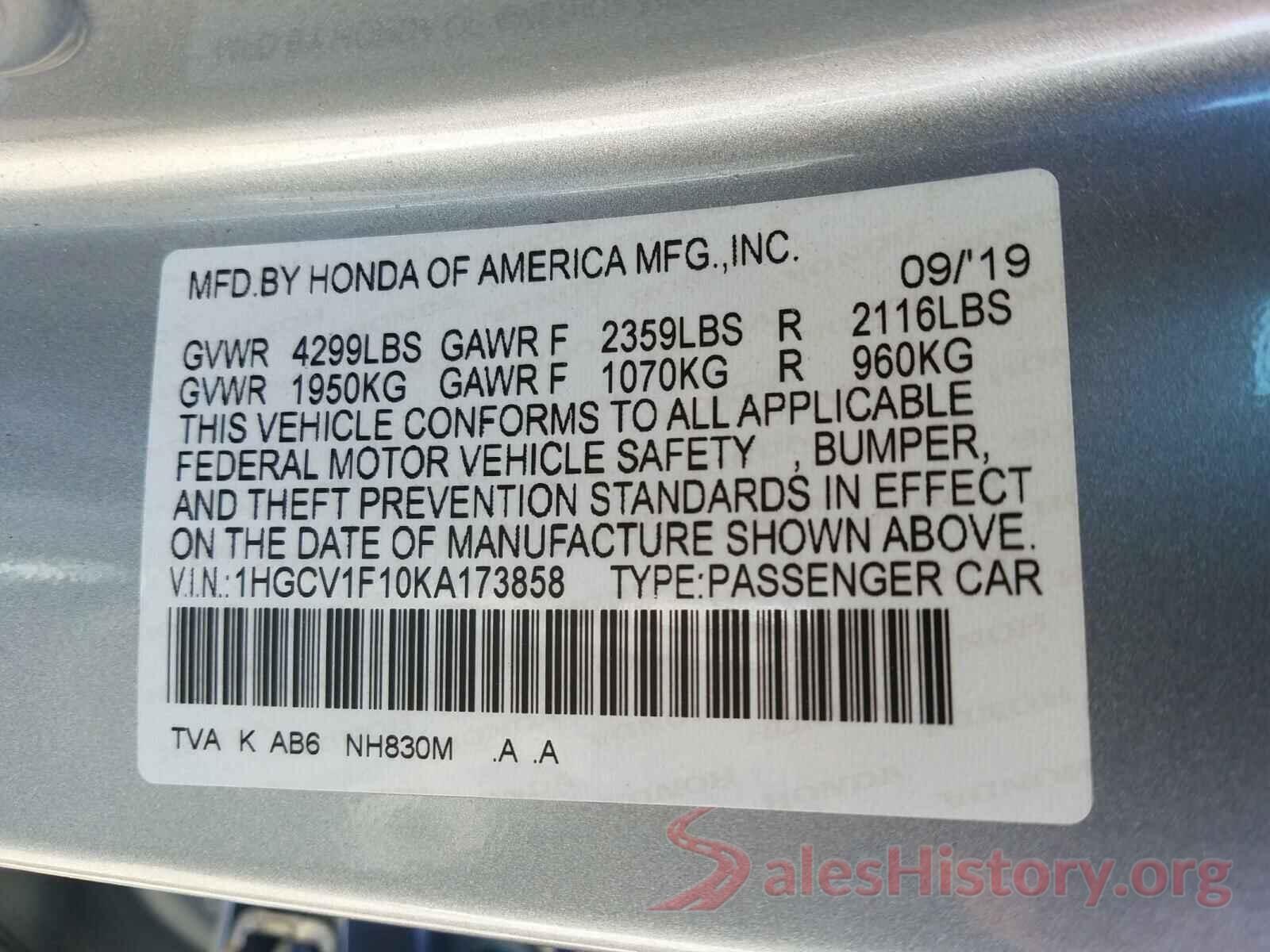 1HGCV1F10KA173858 2019 HONDA ACCORD