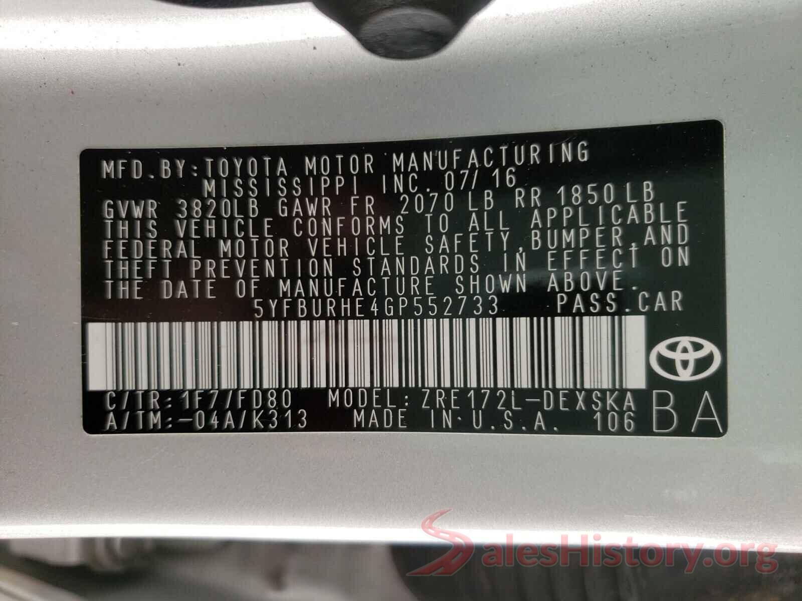 5YFBURHE4GP552733 2016 TOYOTA COROLLA