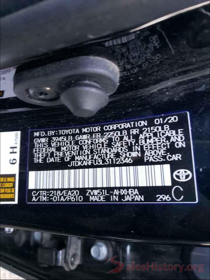 JTDKARFU3L3112346 2020 TOYOTA PRIUS