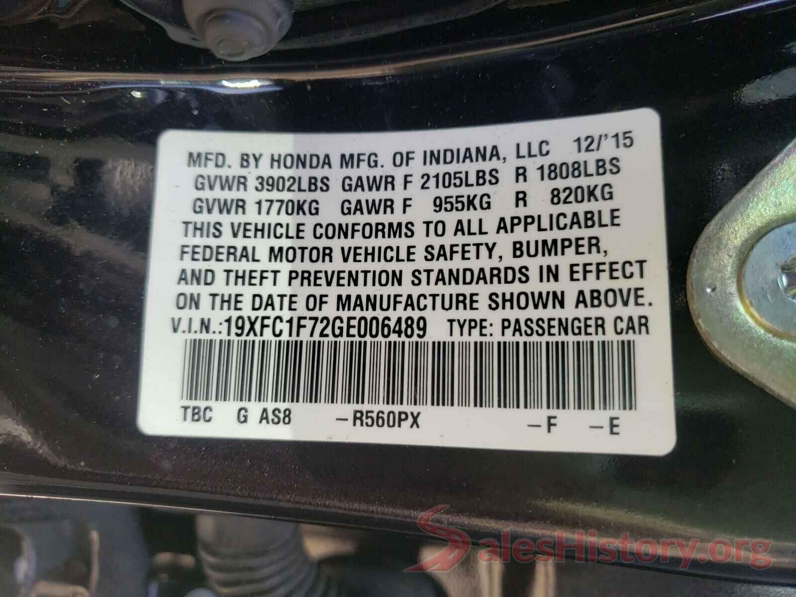 19XFC1F72GE006489 2016 HONDA CIVIC