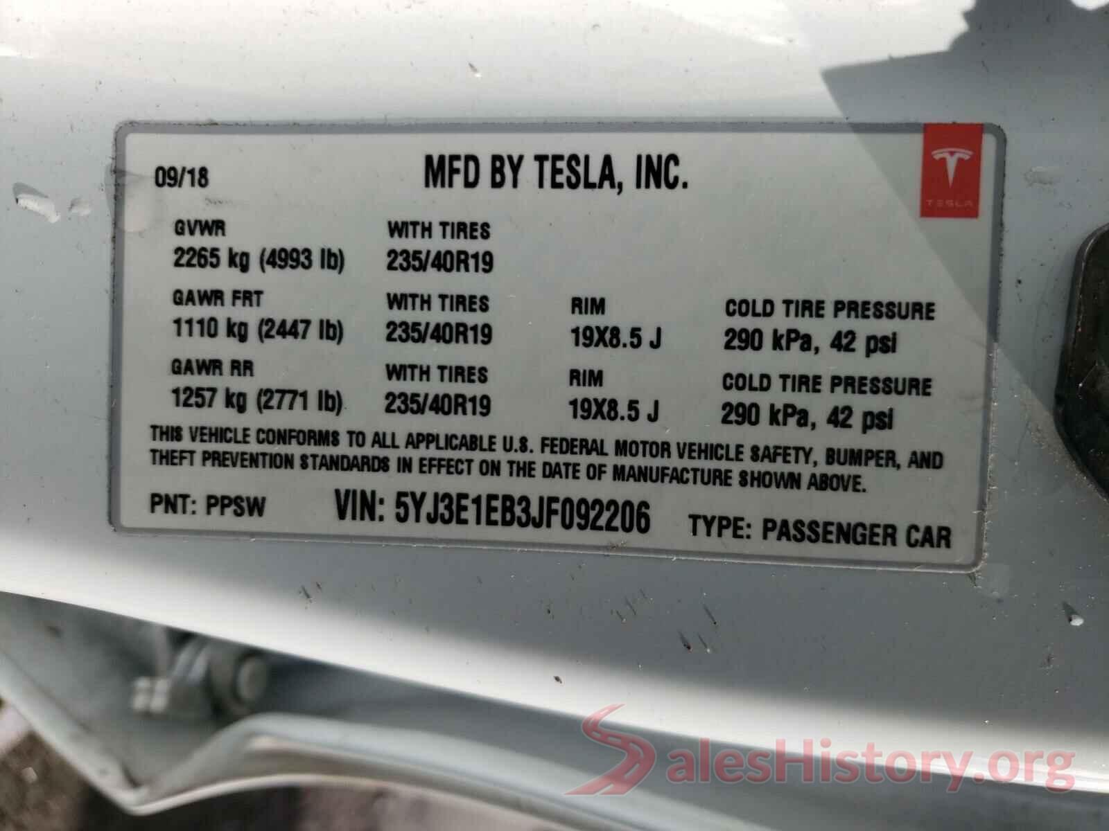 5YJ3E1EB3JF092206 2018 TESLA MODEL 3