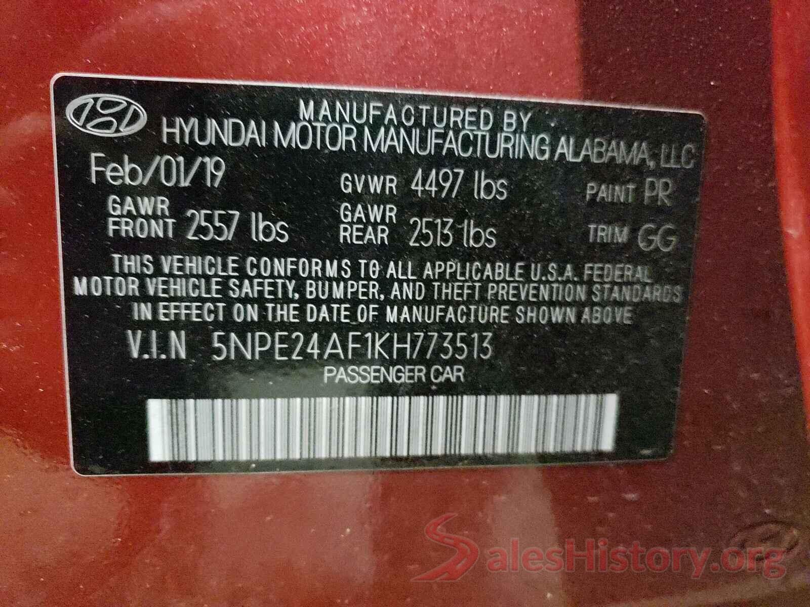 5NPE24AF1KH773513 2019 HYUNDAI SONATA