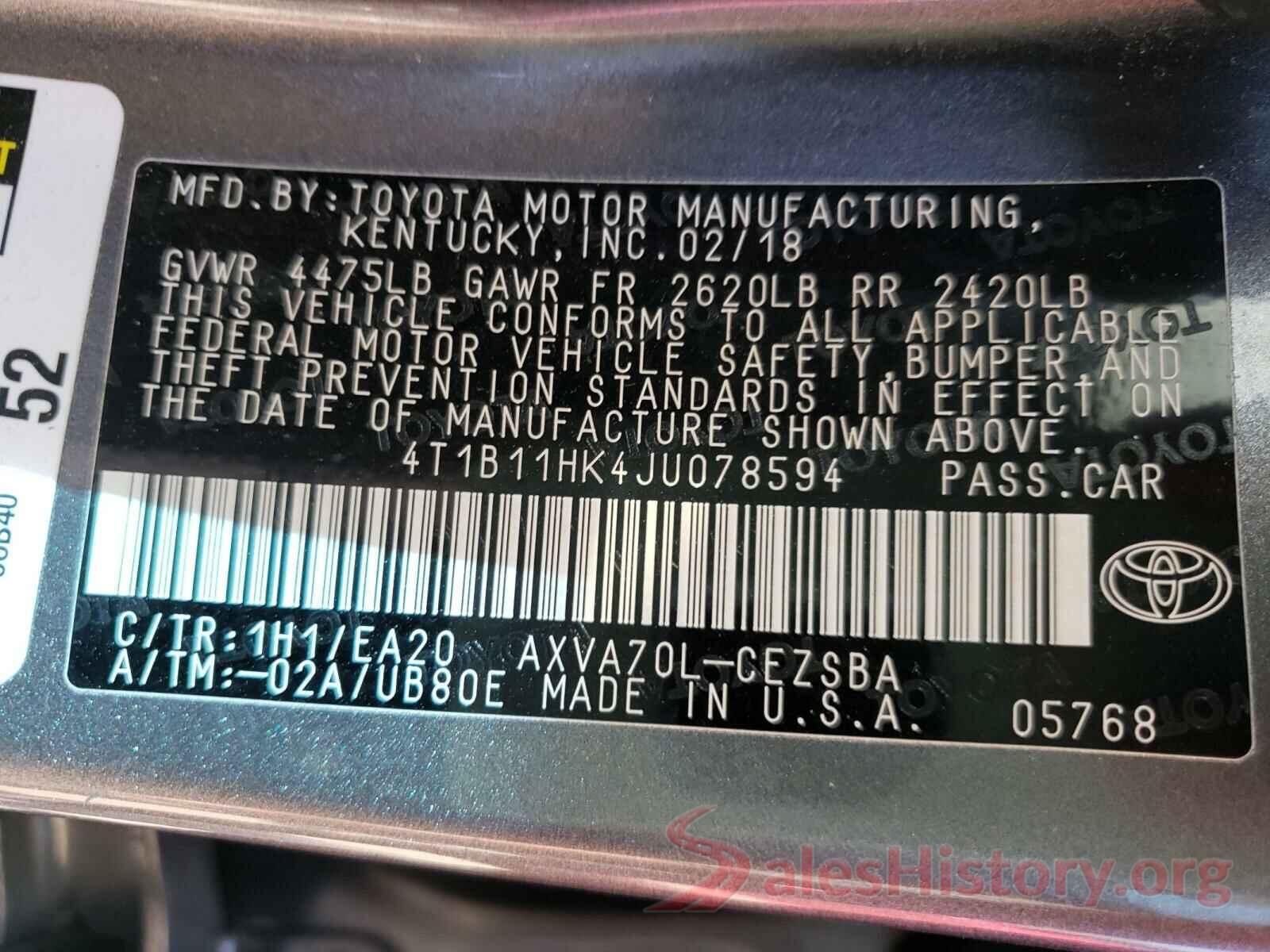 4T1B11HK4JU078594 2018 TOYOTA CAMRY