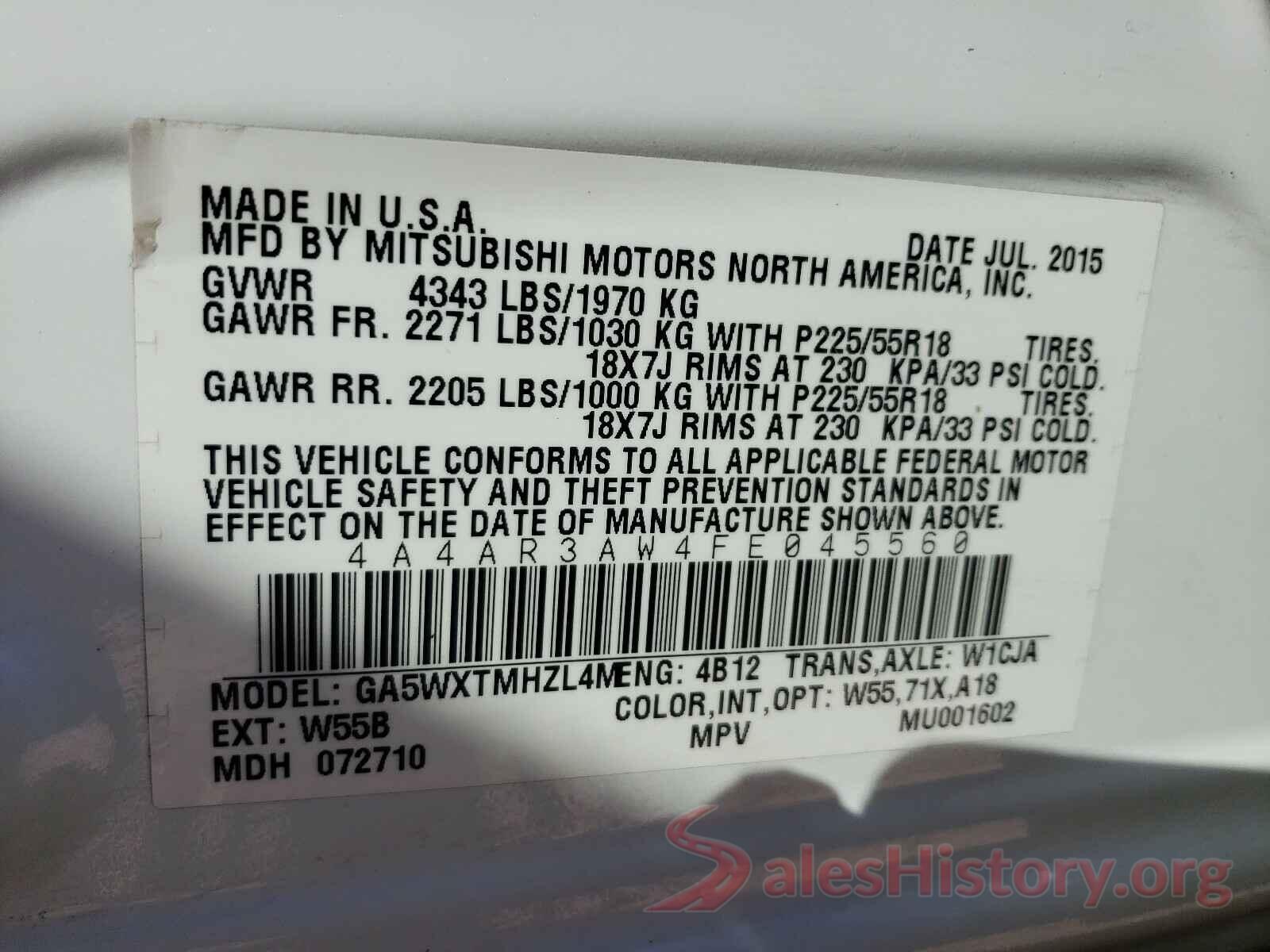 4A4AR3AW4FE045560 2015 MITSUBISHI OUTLANDER