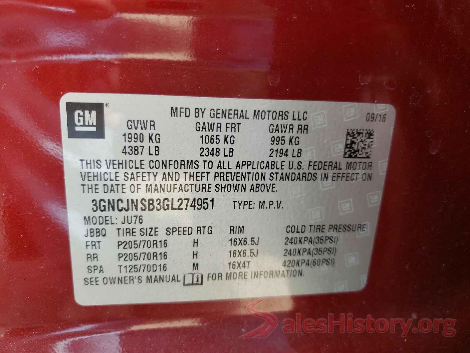 3GNCJNSB3GL274951 2016 CHEVROLET TRAX