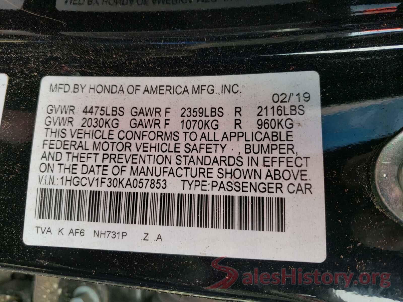 1HGCV1F30KA057853 2019 HONDA ACCORD