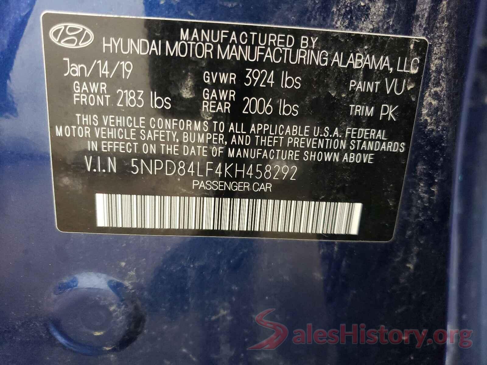 5NPD84LF4KH458292 2019 HYUNDAI ELANTRA