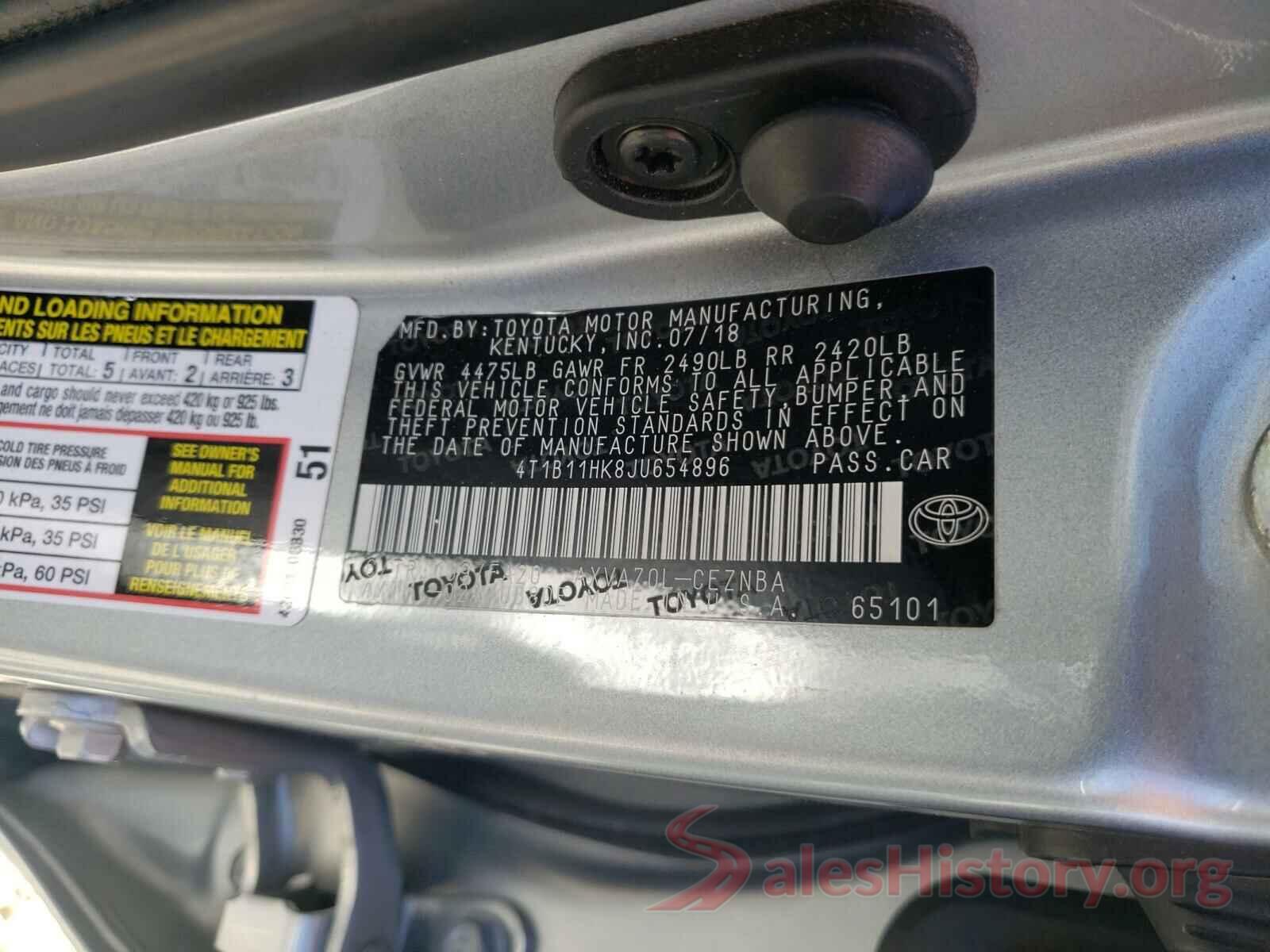 4T1B11HK8JU654896 2018 TOYOTA CAMRY