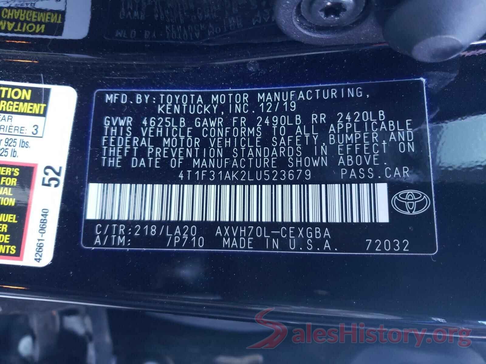 4T1F31AK2LU523679 2020 TOYOTA CAMRY