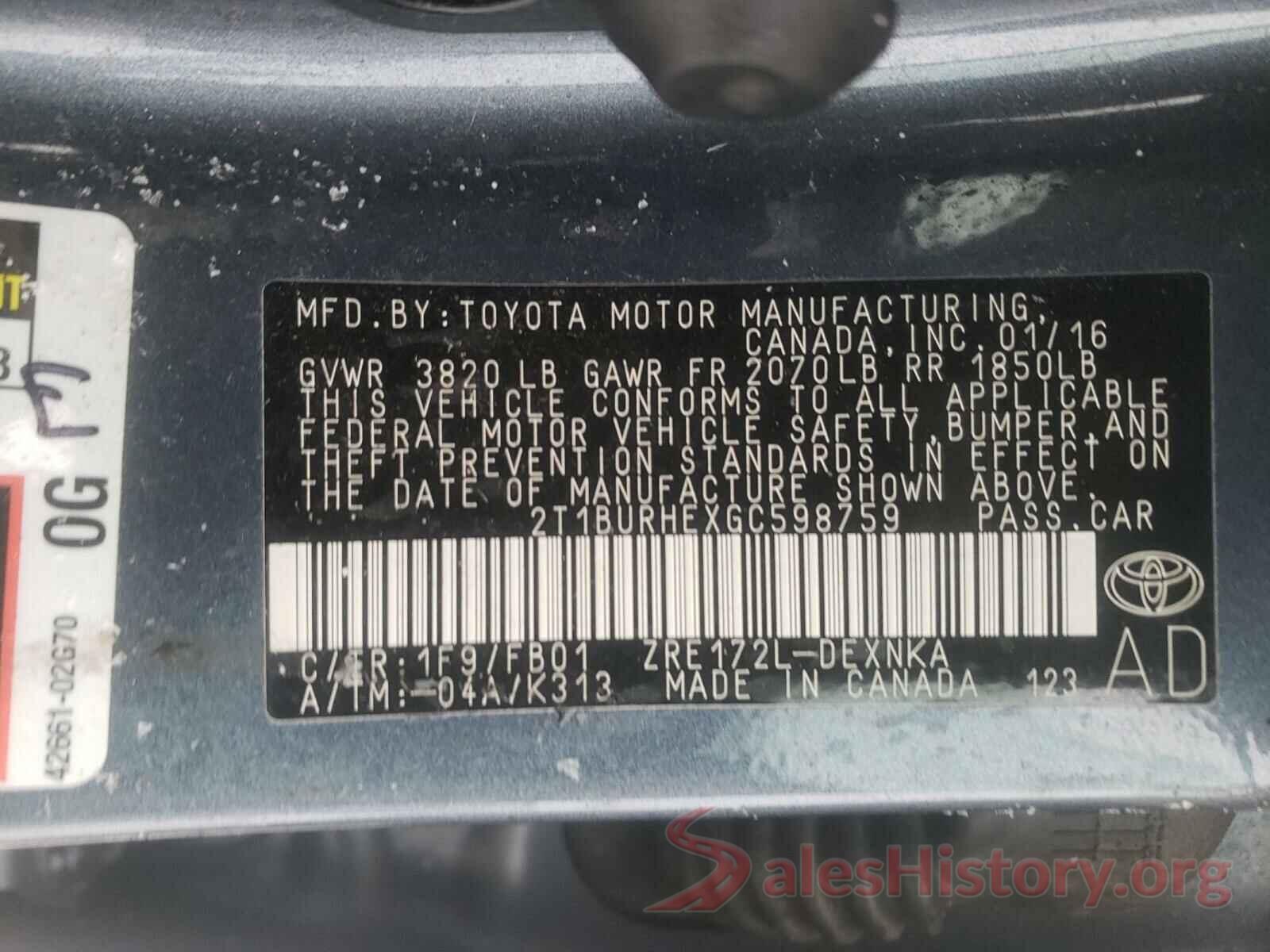 2T1BURHEXGC598759 2016 TOYOTA COROLLA