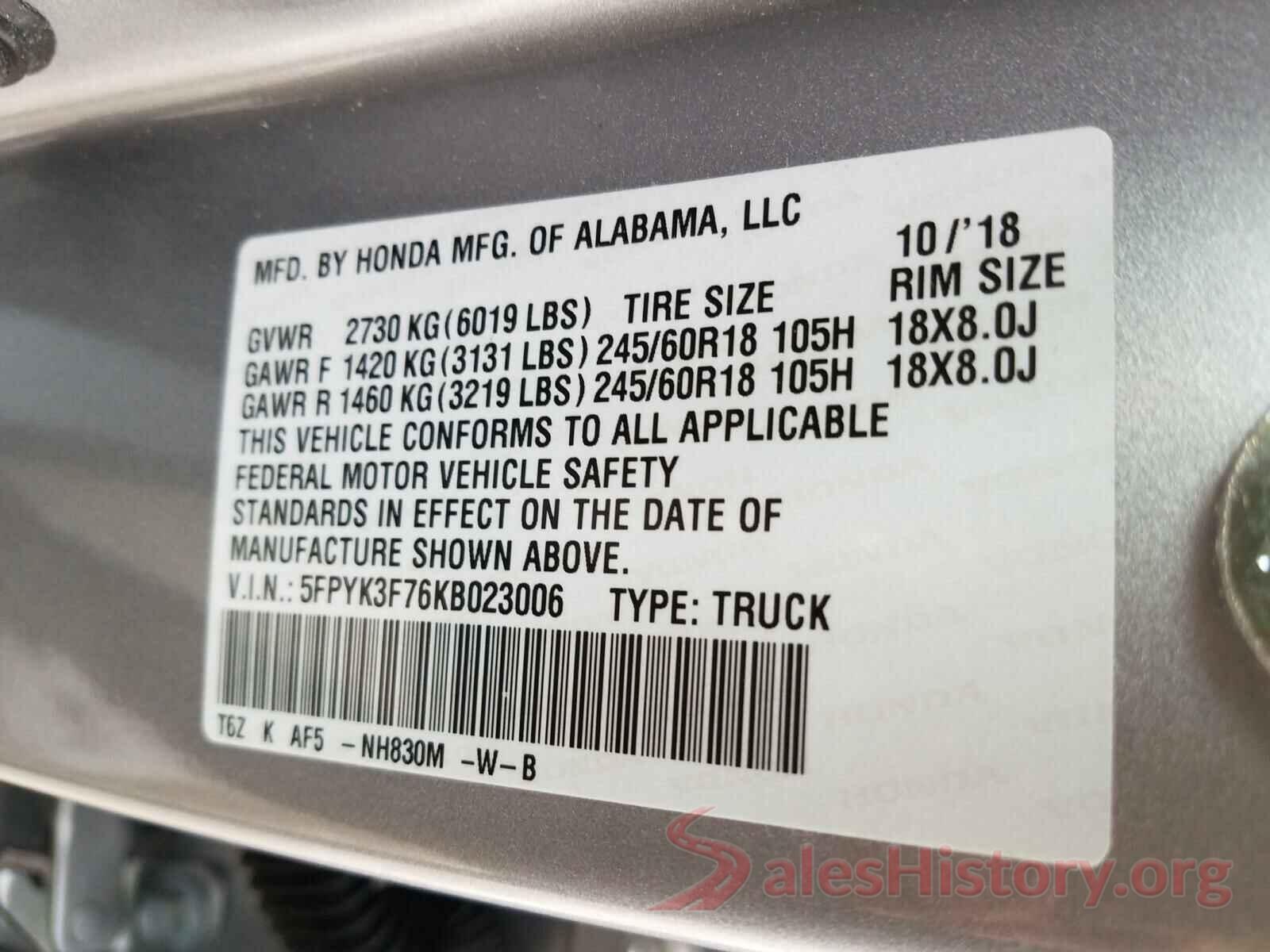 5FPYK3F76KB023006 2019 HONDA RIDGELINE