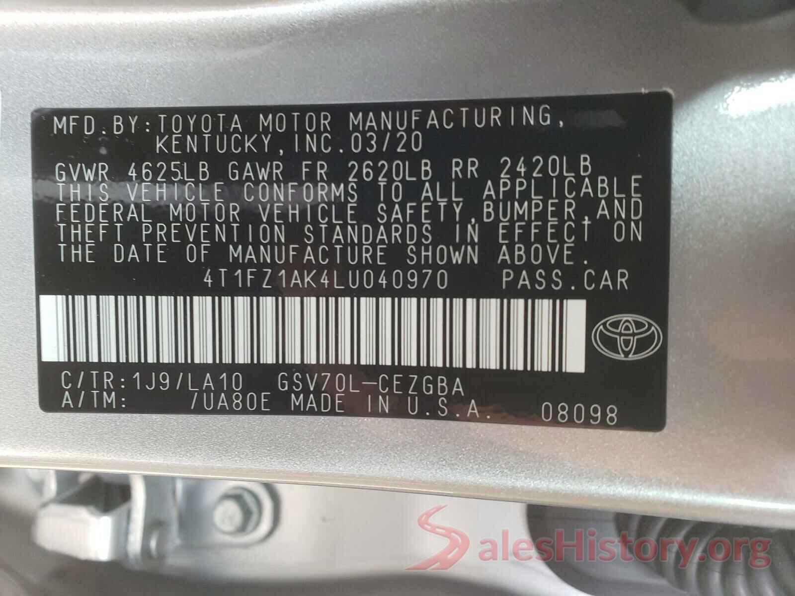 4T1FZ1AK4LU040970 2020 TOYOTA CAMRY