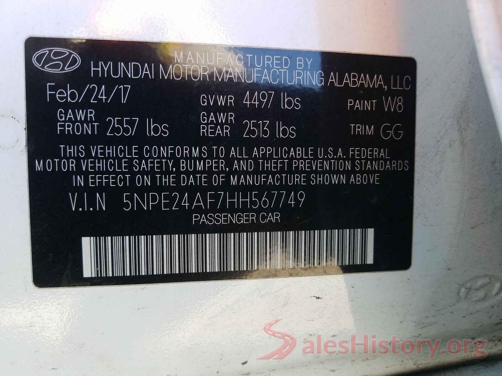 5NPE24AF7HH567749 2017 HYUNDAI SONATA