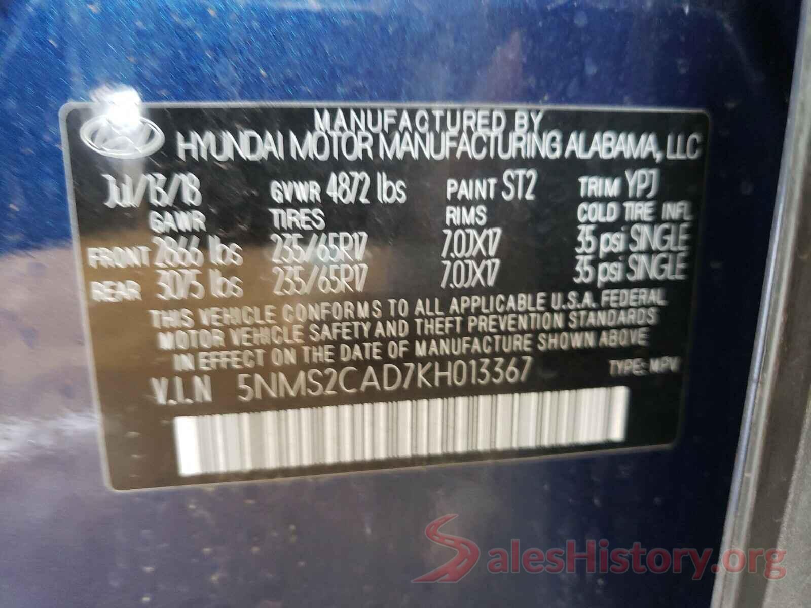 5NMS2CAD7KH013367 2019 HYUNDAI SANTA FE