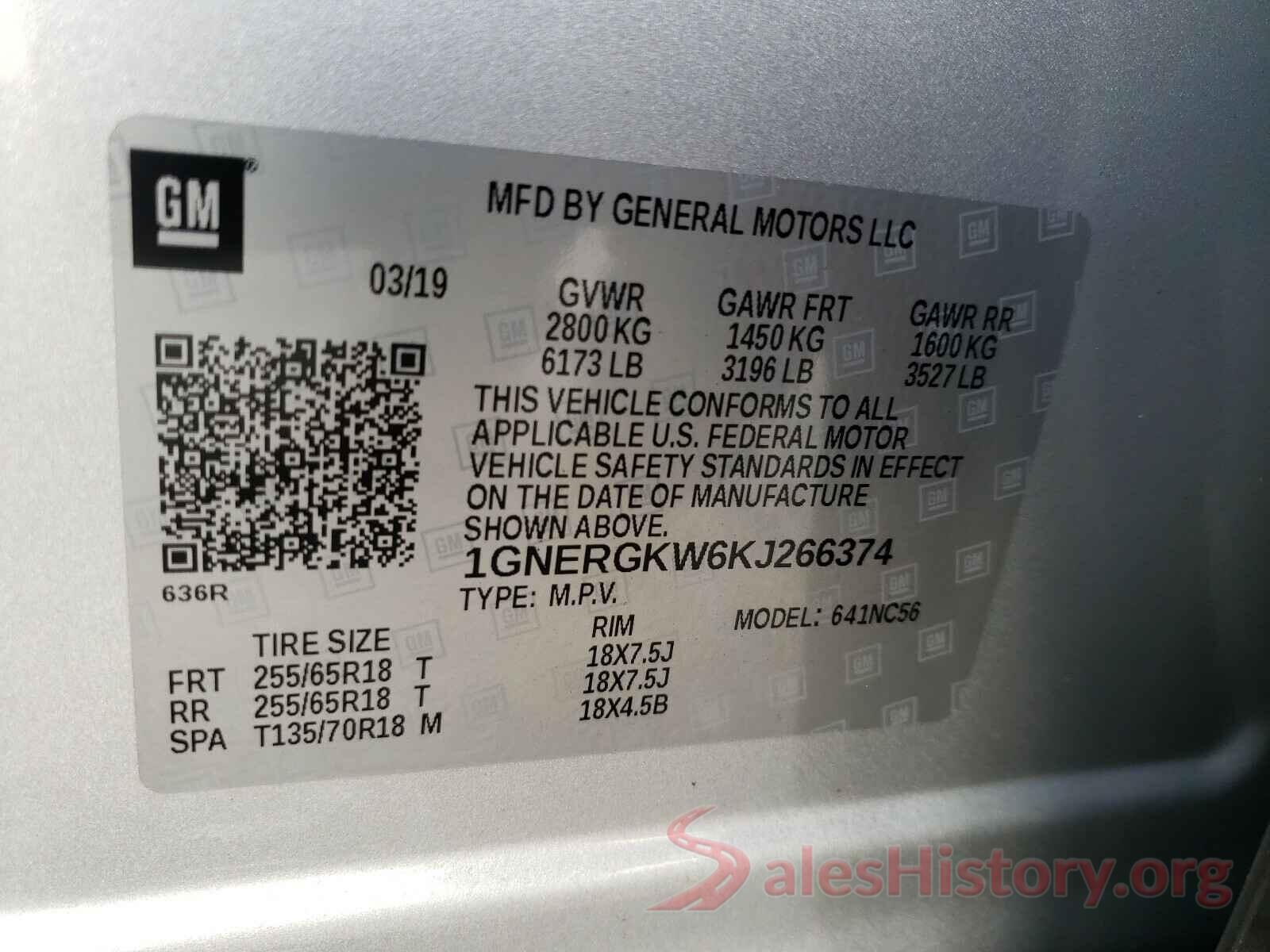 1GNERGKW6KJ266374 2019 CHEVROLET TRAVERSE