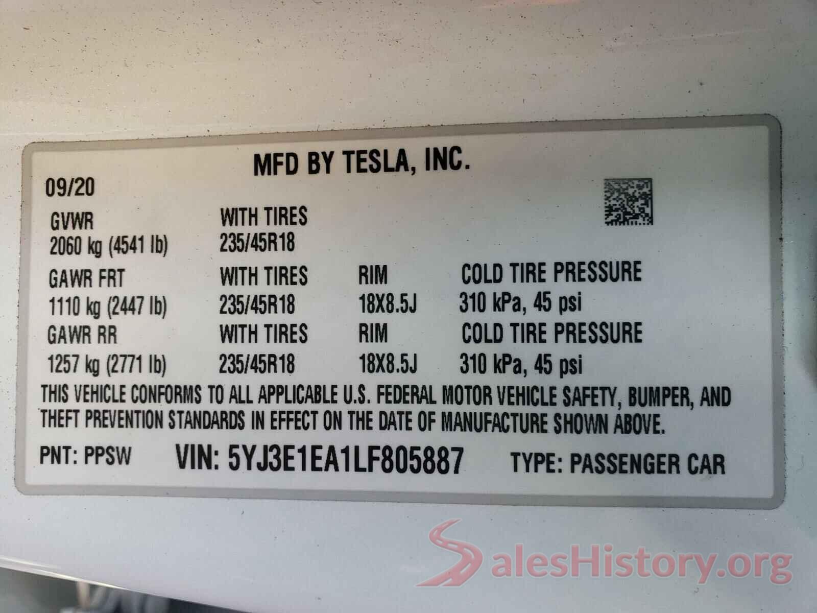 5YJ3E1EA1LF805887 2020 TESLA MODEL 3