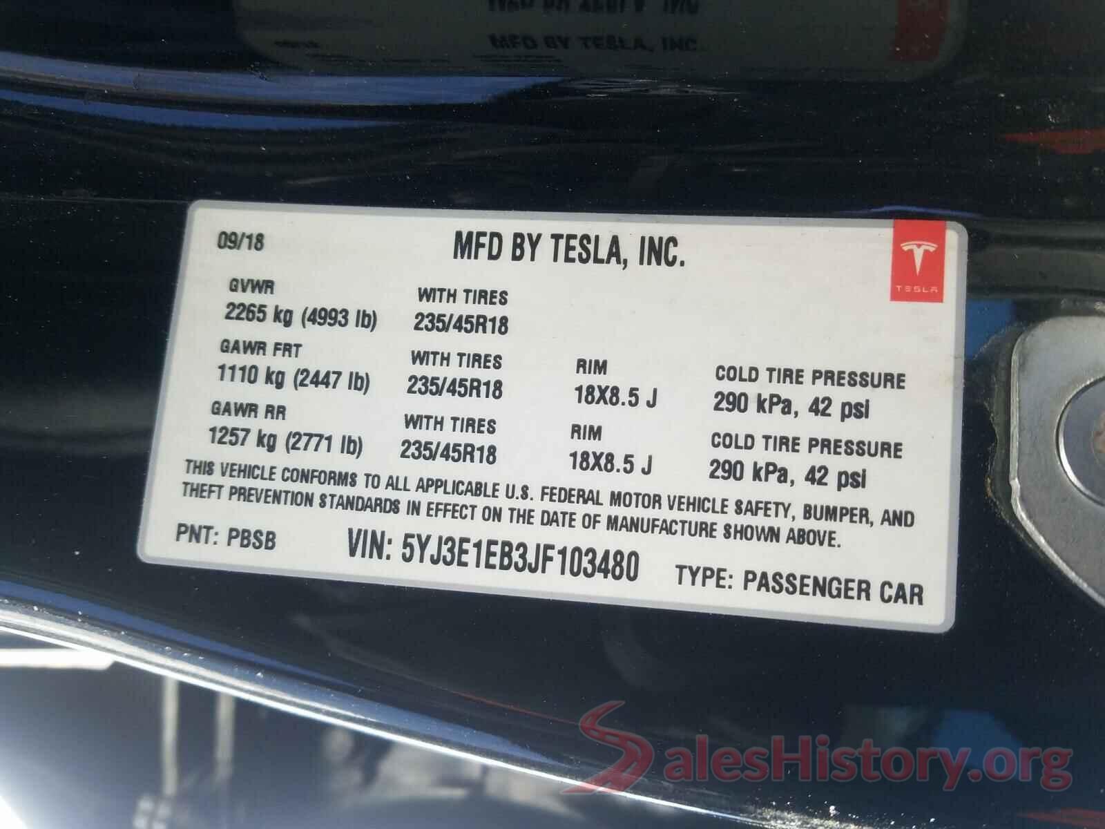 5YJ3E1EB3JF103480 2018 TESLA MODEL 3