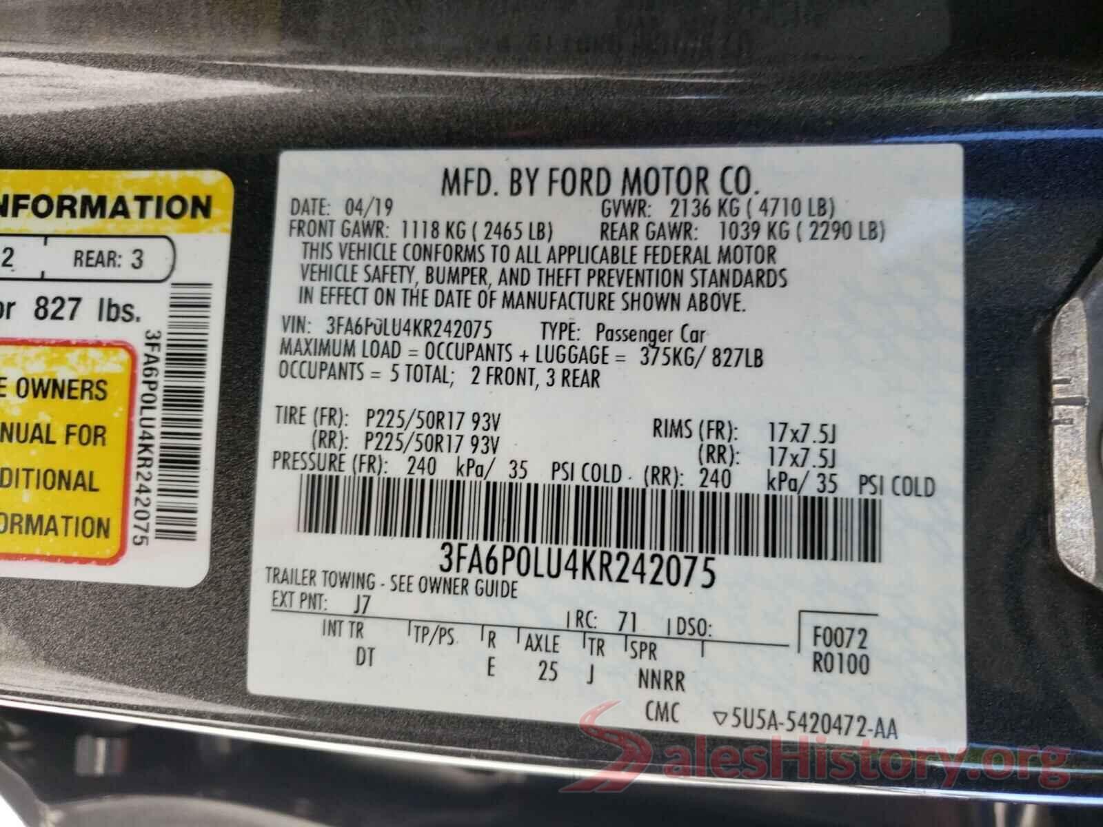 3FA6P0LU4KR242075 2019 FORD FUSION