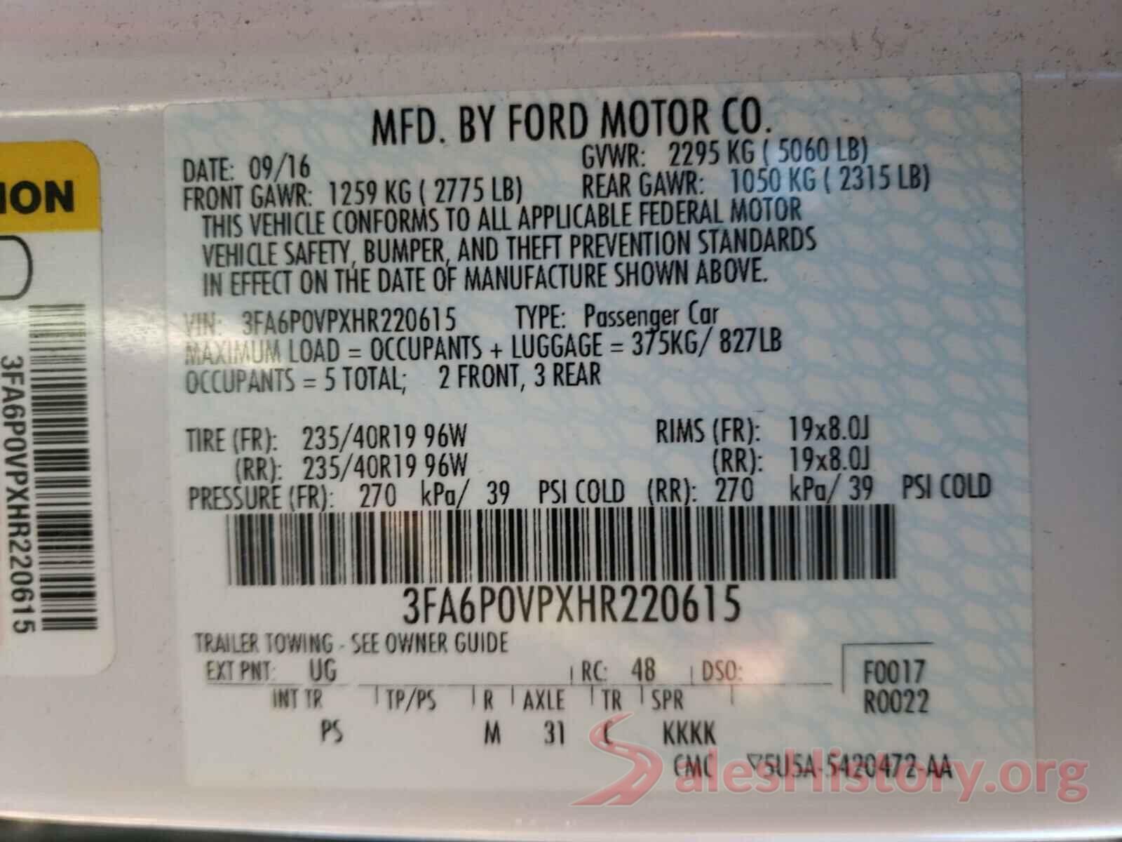 3FA6P0VPXHR220615 2017 FORD FUSION