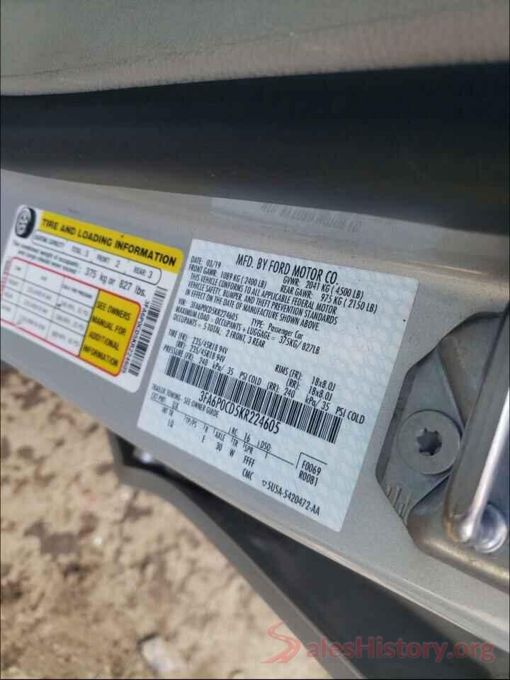 3FA6P0CD5KR224605 2019 FORD FUSION