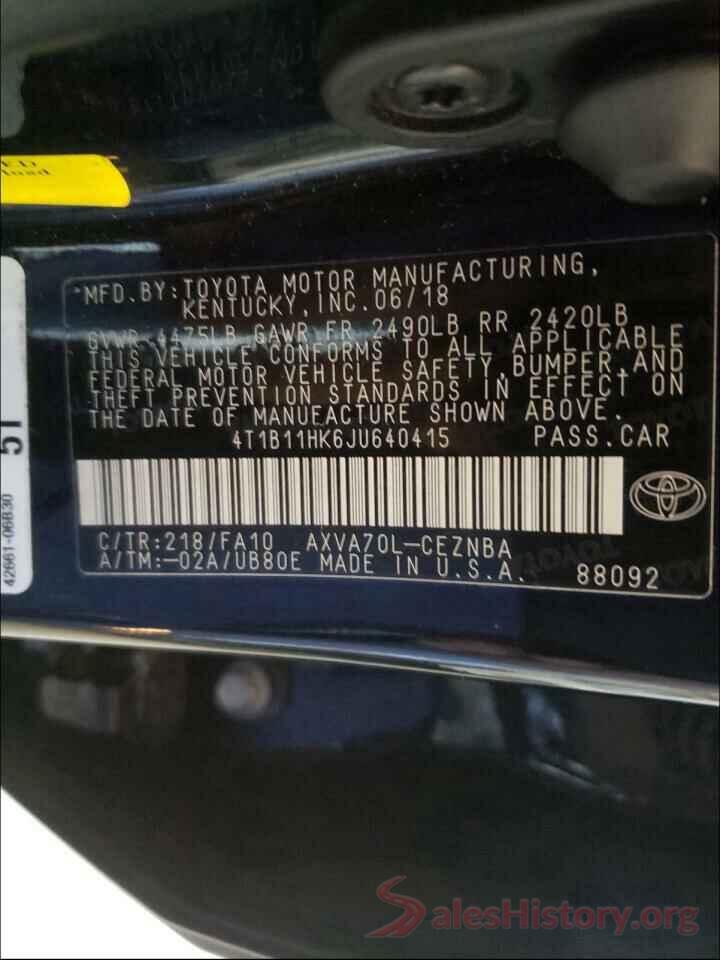 4T1B11HK6JU640415 2018 TOYOTA CAMRY