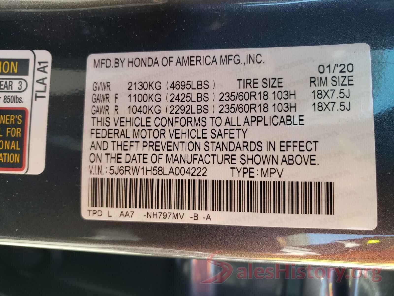 5J6RW1H58LA004222 2020 HONDA CRV