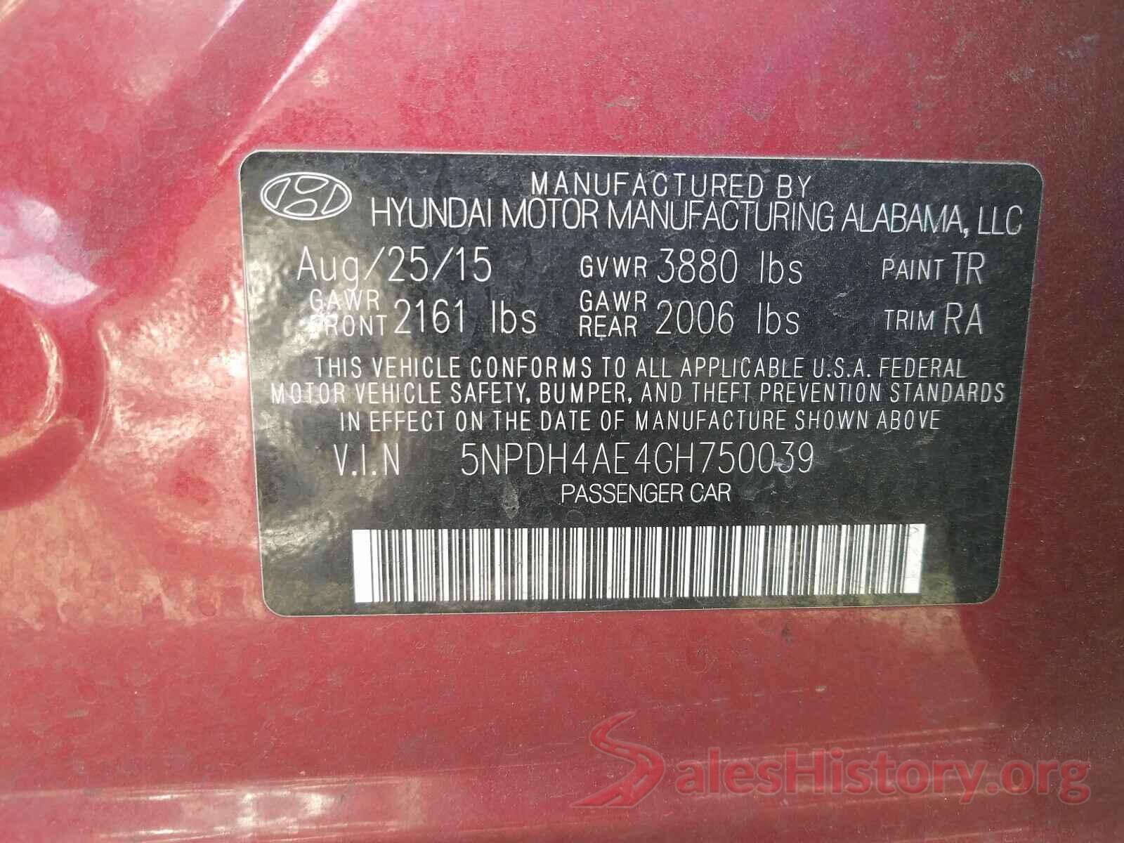 5NPDH4AE4GH750039 2016 HYUNDAI ELANTRA