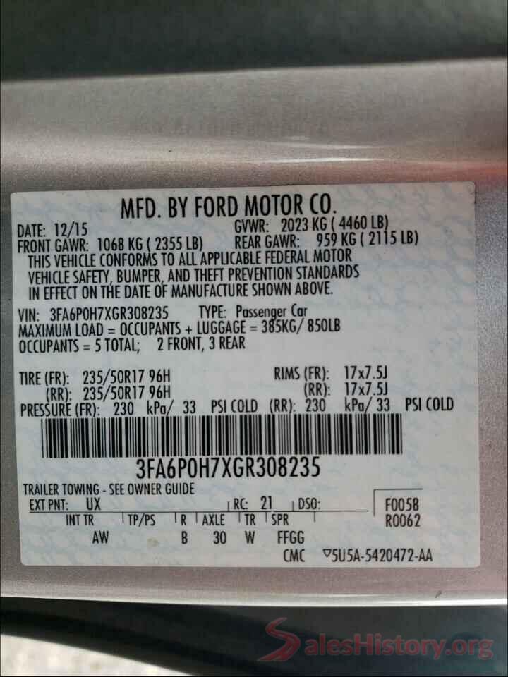 3FA6P0H7XGR308235 2016 FORD FUSION