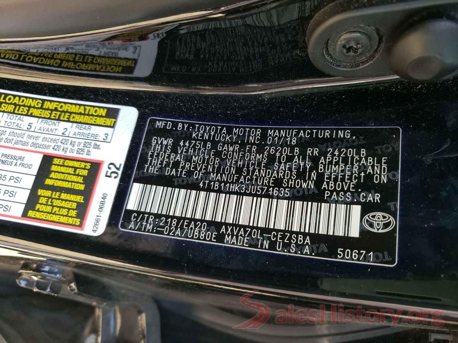 4T1B11HK3JU571635 2018 TOYOTA CAMRY