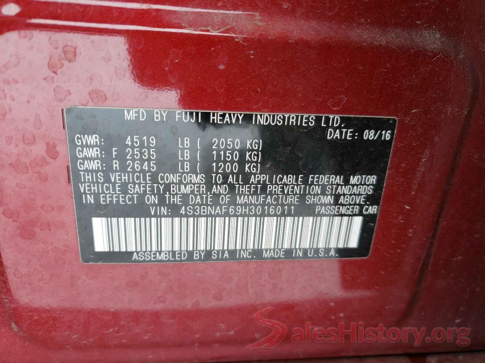 4S3BNAF69H3016011 2017 SUBARU LEGACY