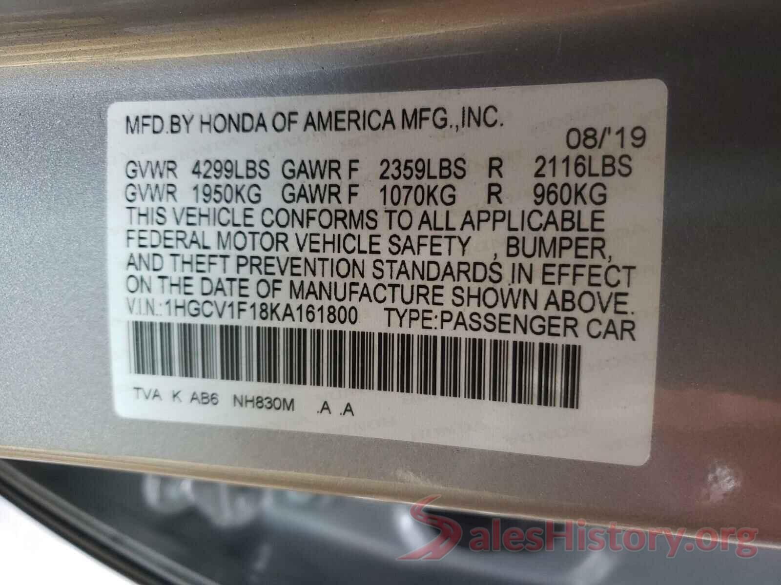 1HGCV1F18KA161800 2019 HONDA ACCORD