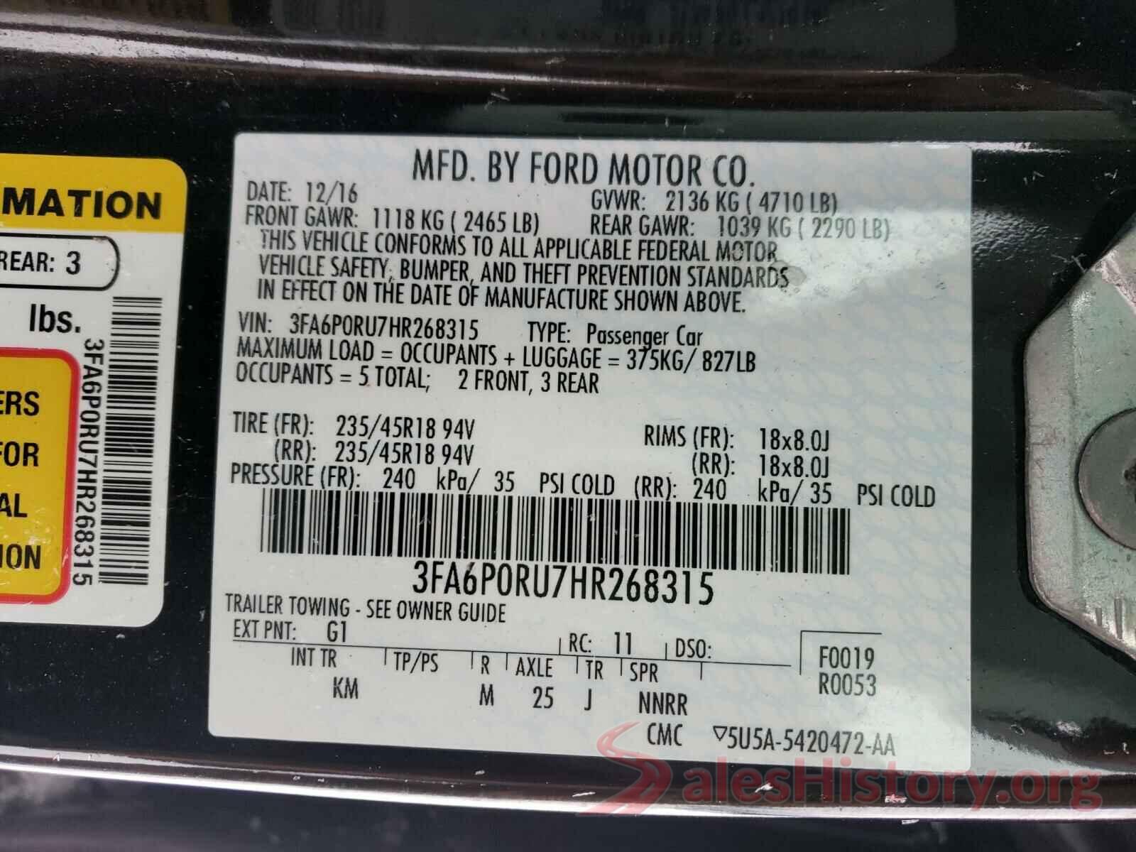 3FA6P0RU7HR268315 2017 FORD FUSION