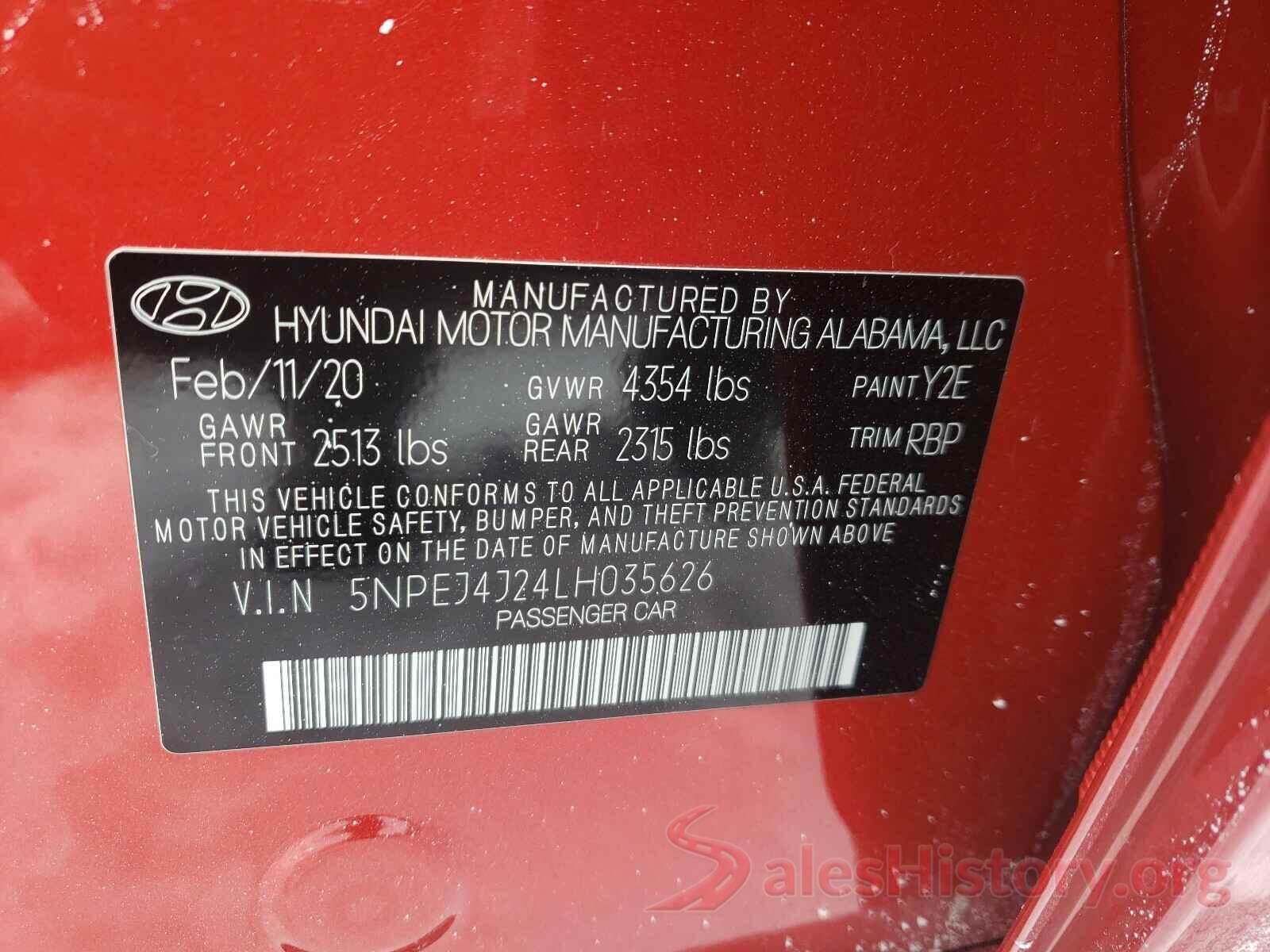 5NPEJ4J24LH035626 2020 HYUNDAI SONATA