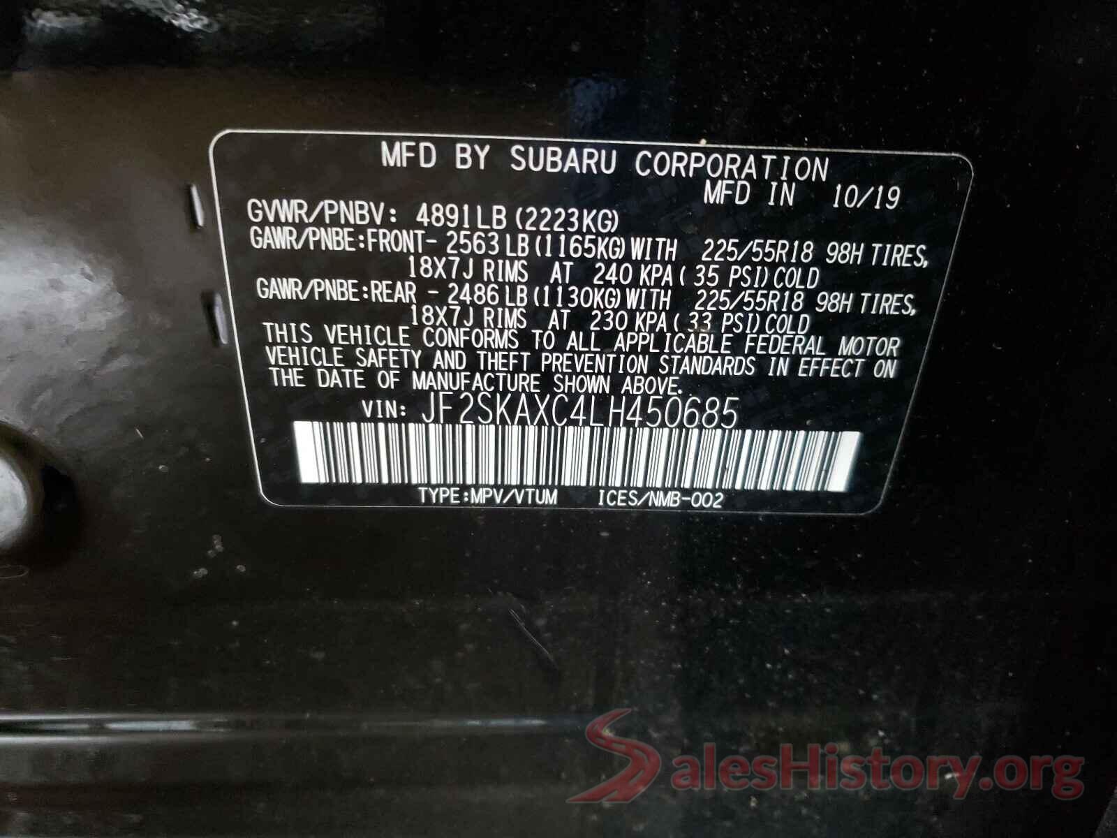 JF2SKAXC4LH450685 2020 SUBARU FORESTER