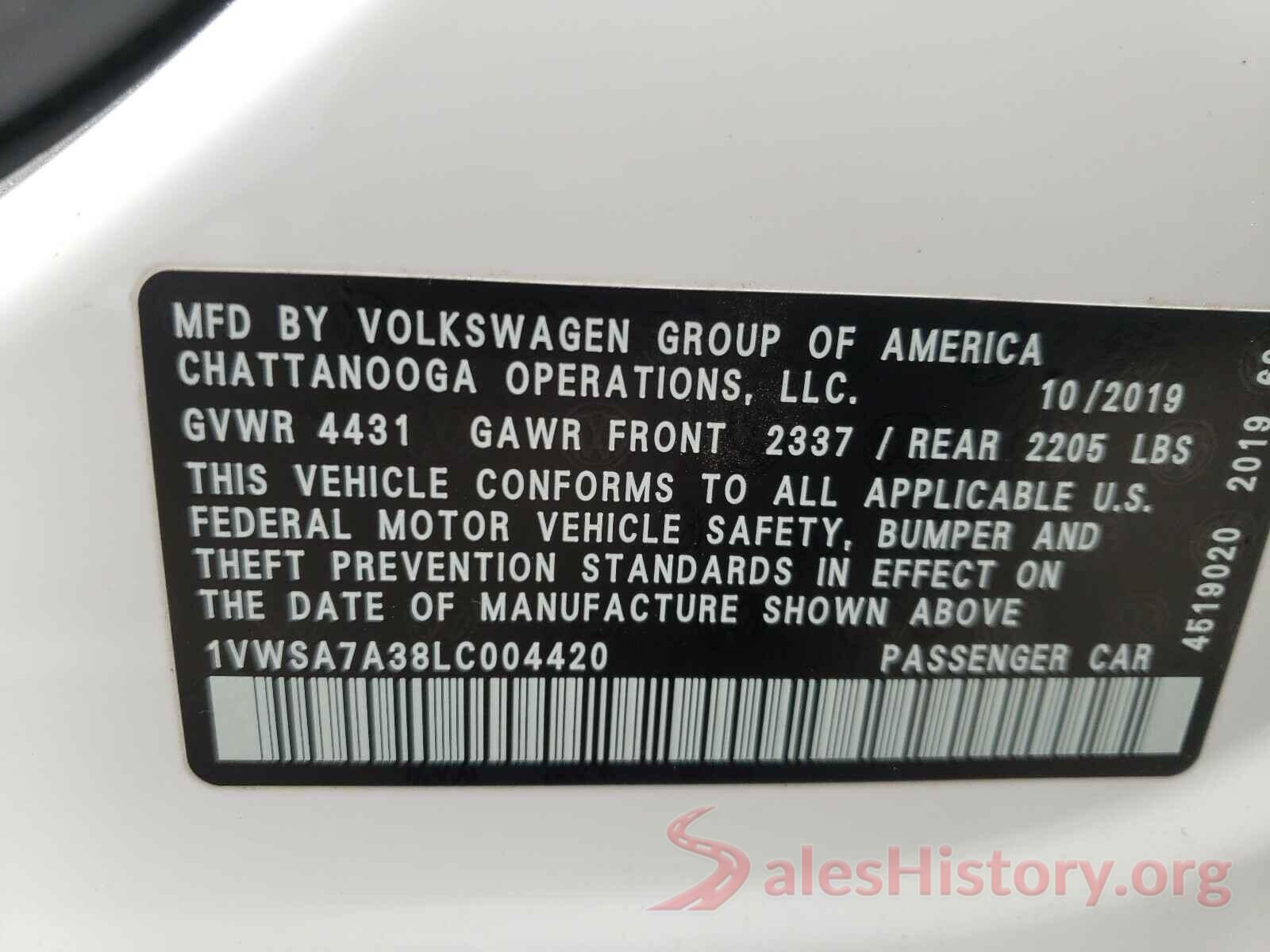 1VWSA7A38LC004420 2020 VOLKSWAGEN PASSAT