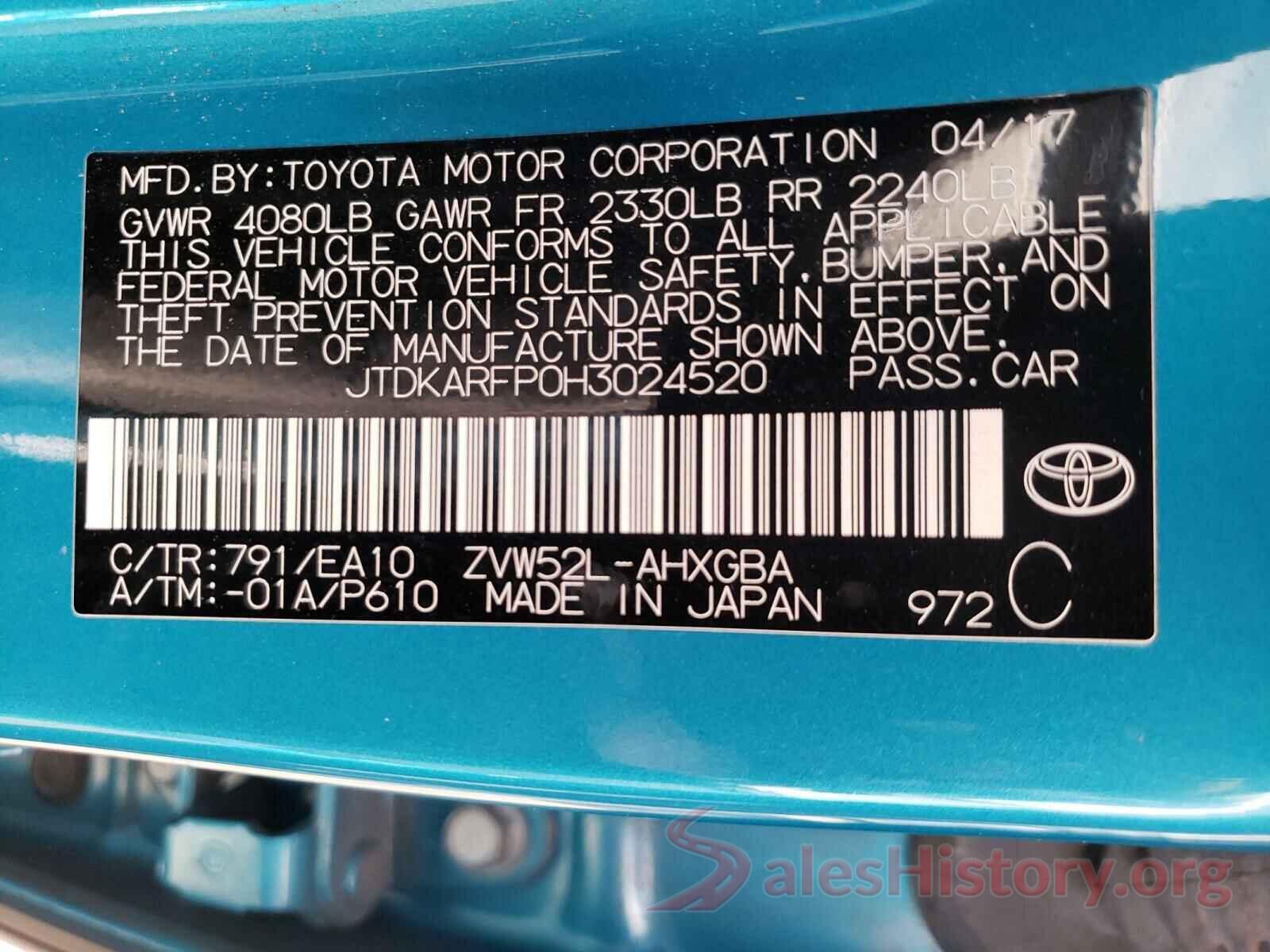 JTDKARFP0H3024520 2017 TOYOTA PRIUS