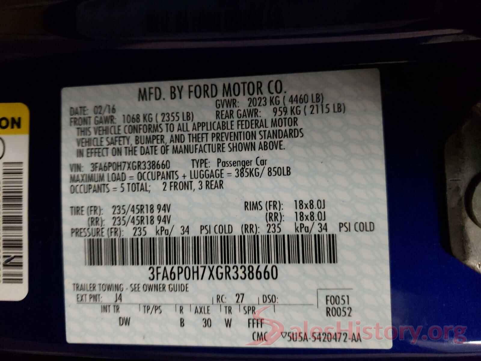 3FA6P0H7XGR338660 2016 FORD FUSION