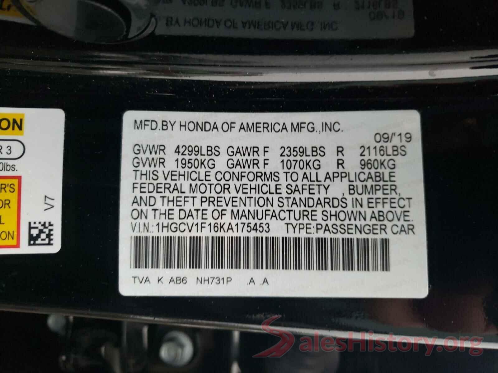 1HGCV1F16KA175453 2019 HONDA ACCORD