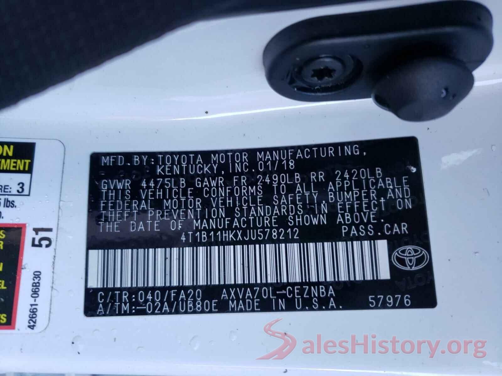 4T1B11HKXJU578212 2018 TOYOTA CAMRY