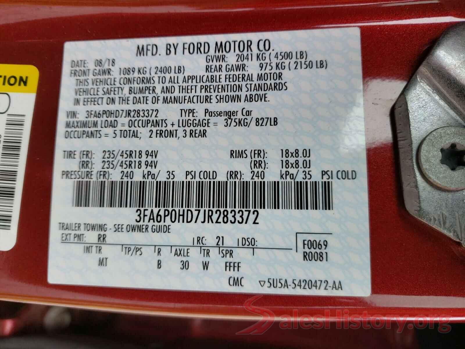 3FA6P0HD7JR283372 2018 FORD FUSION