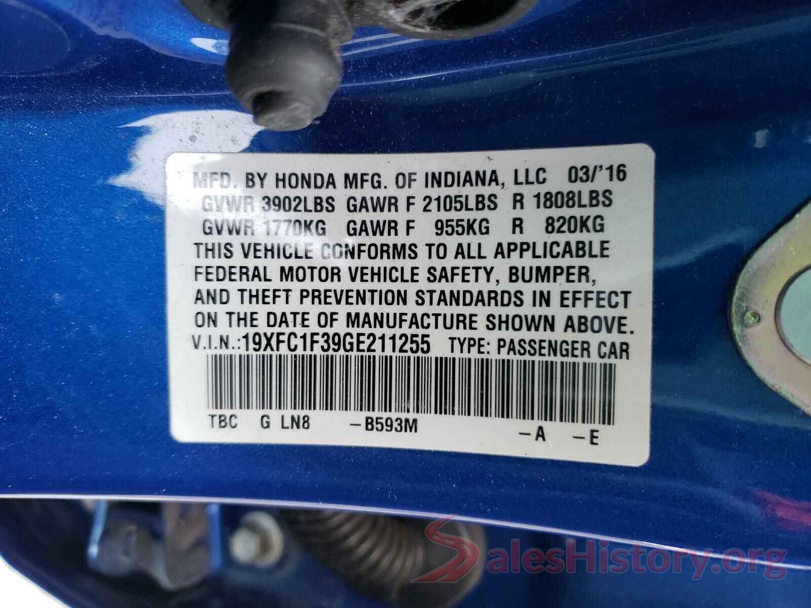 19XFC1F39GE211255 2016 HONDA CIVIC