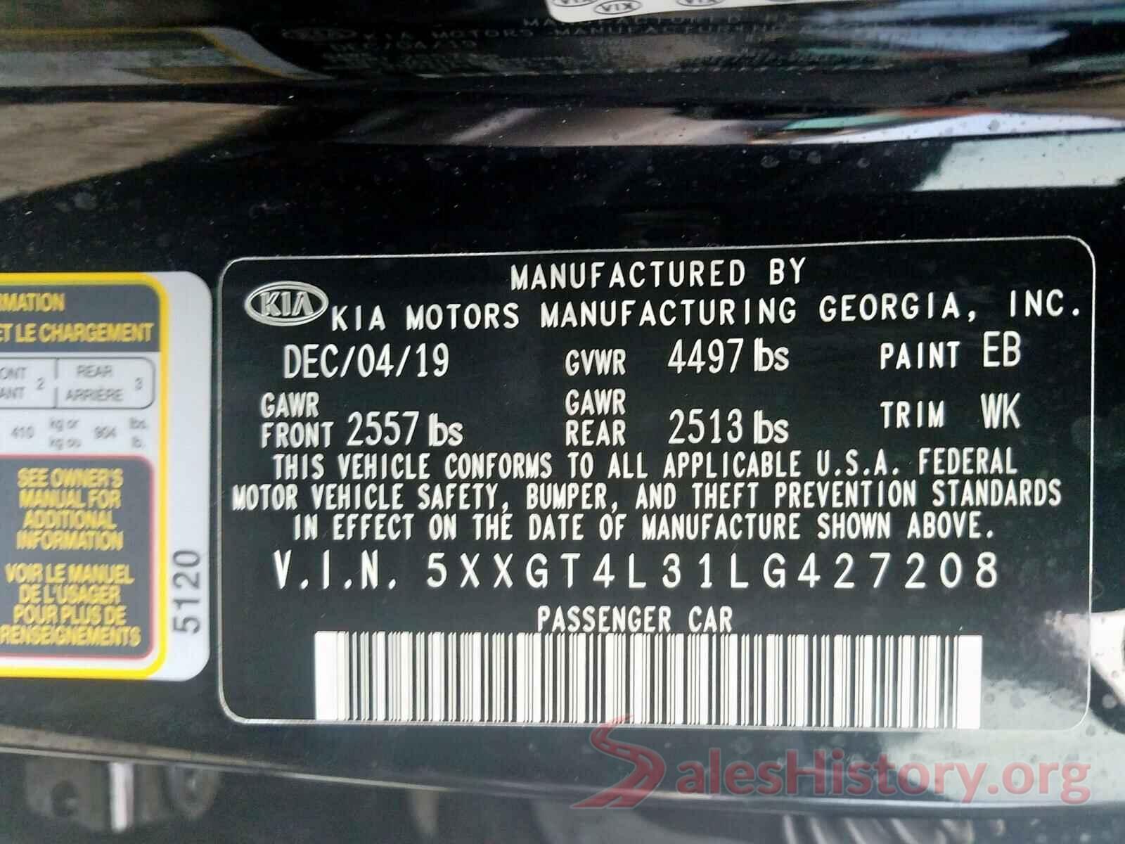 5XXGT4L31LG427208 2020 KIA OPTIMA