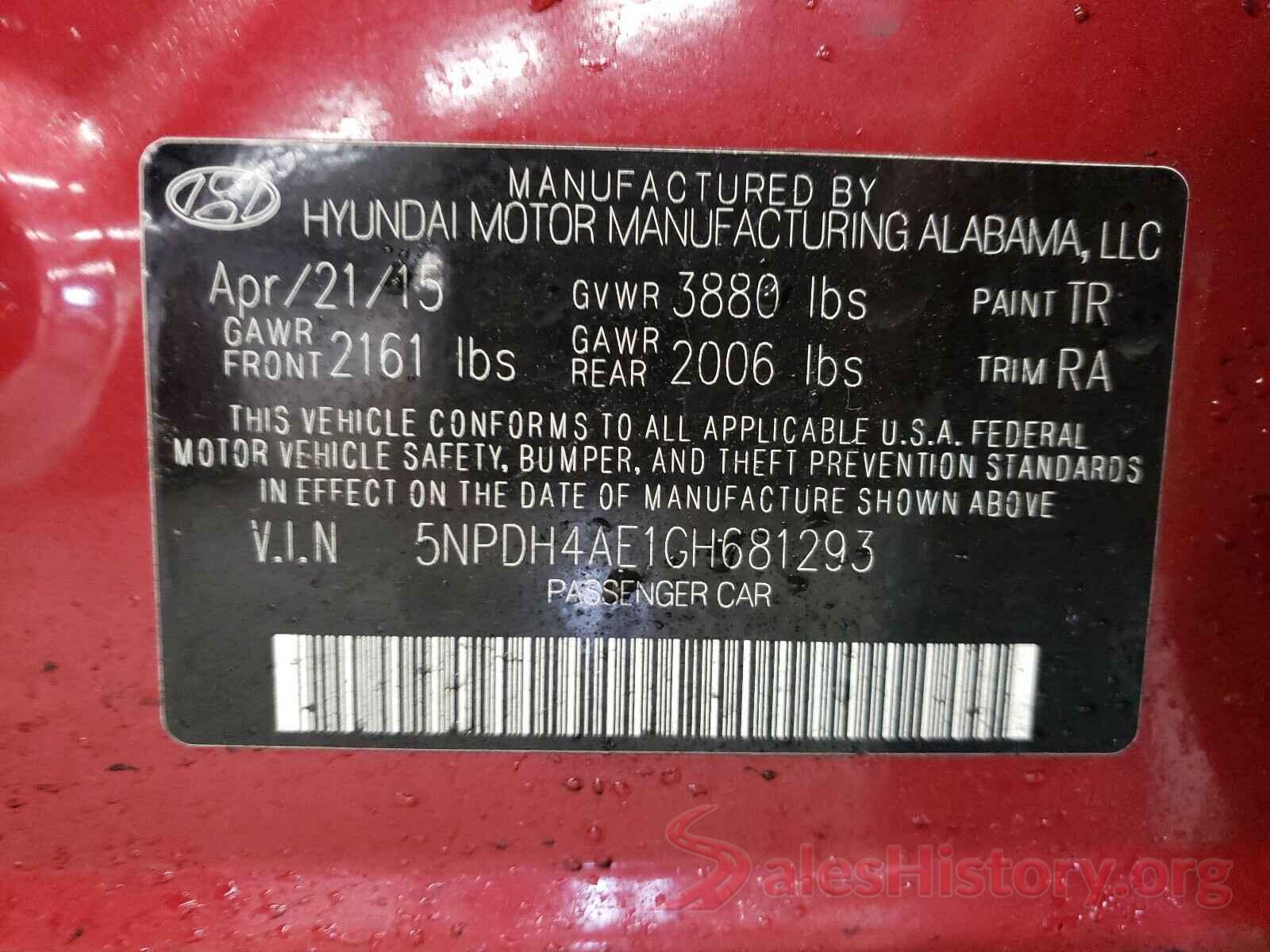 5NPDH4AE1GH681293 2016 HYUNDAI ELANTRA