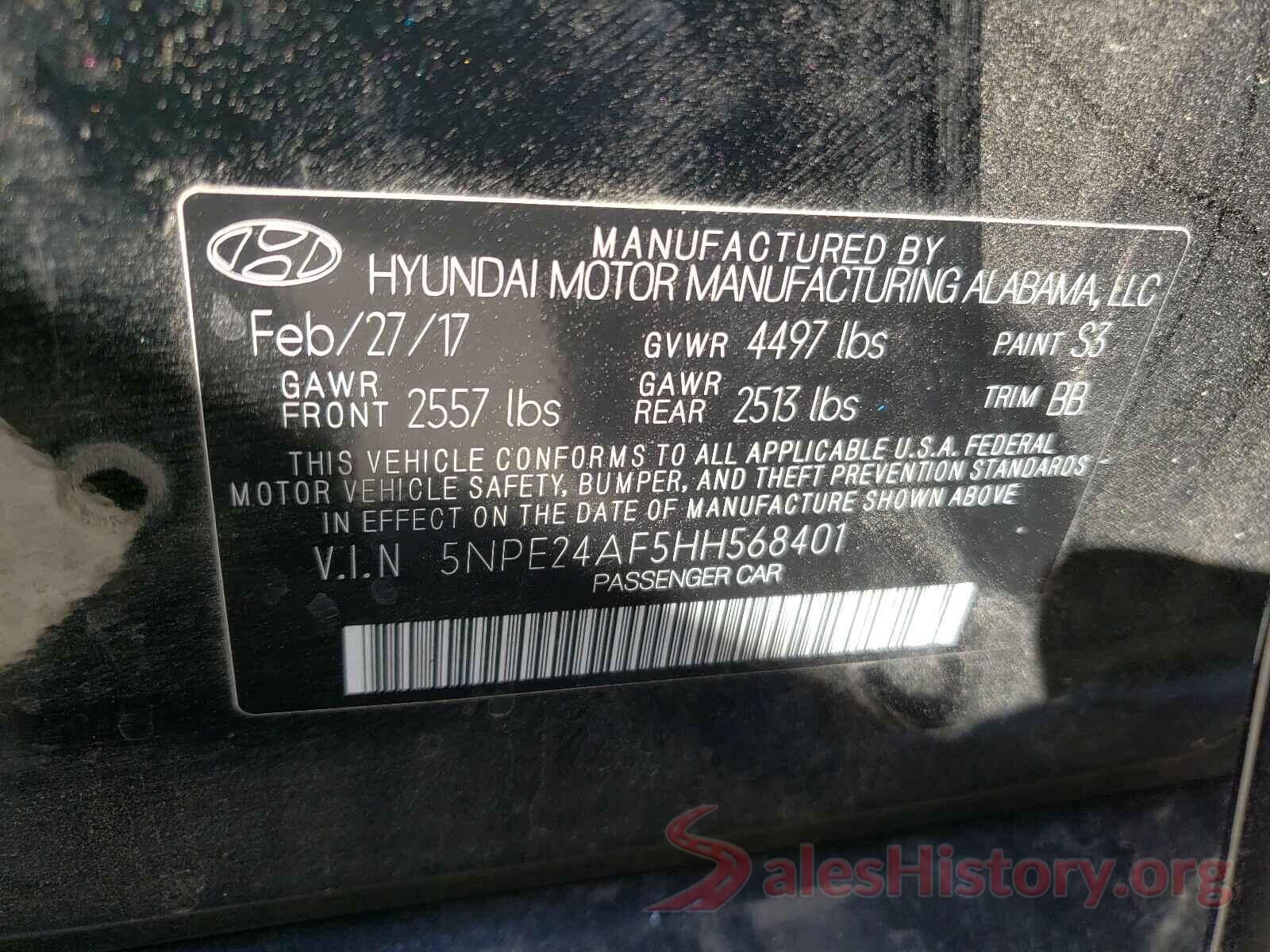 5NPE24AF5HH568401 2017 HYUNDAI SONATA