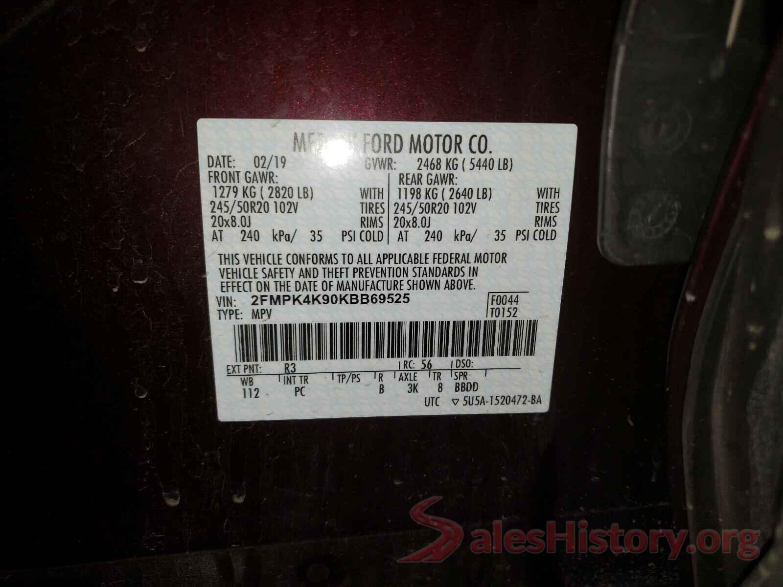 2FMPK4K90KBB69525 2019 FORD EDGE