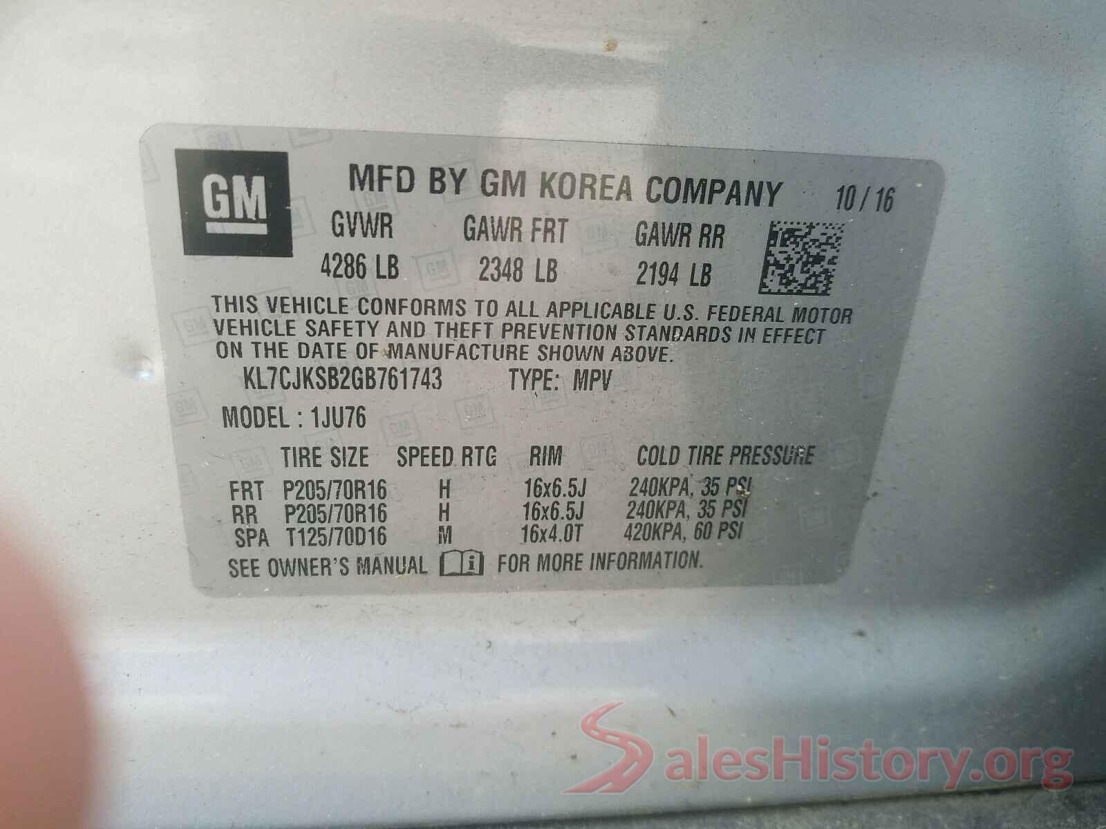 KL7CJKSB2GB761743 2016 CHEVROLET TRAX